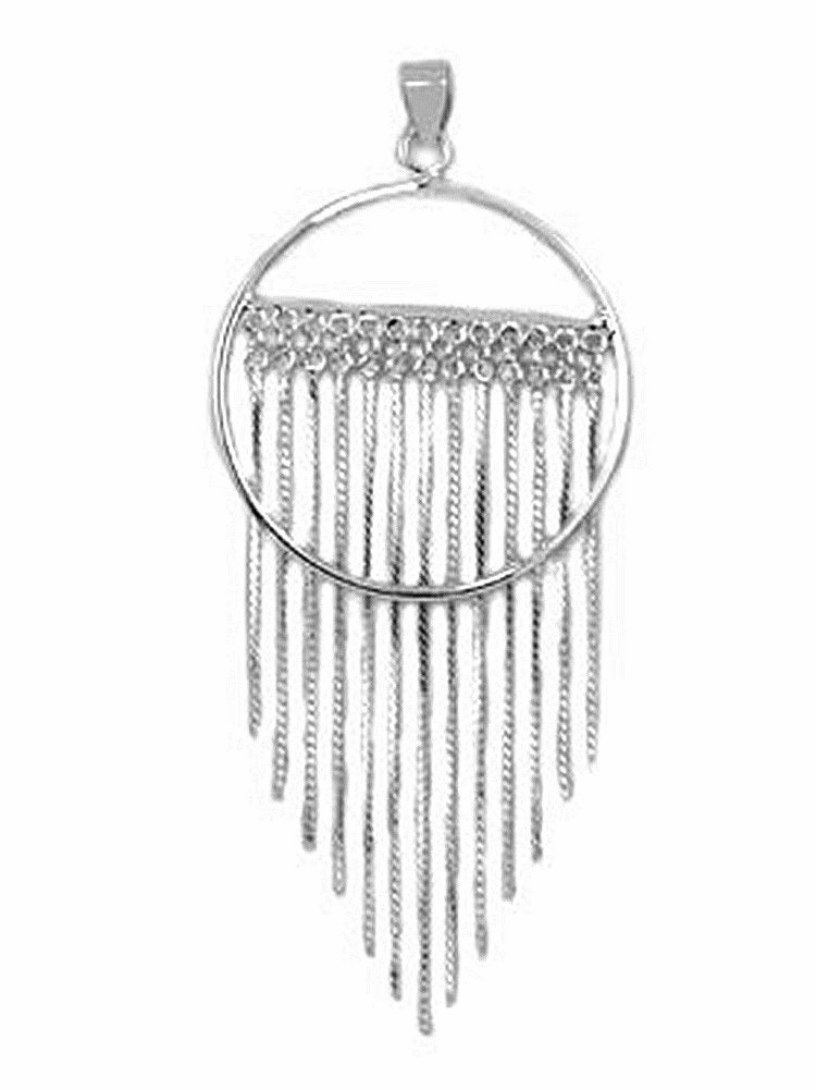 Circle Pendant with Fringe Chain Drops Rhodium on Sterling Silver - Nontarnish Delicate Craft Modern pieces