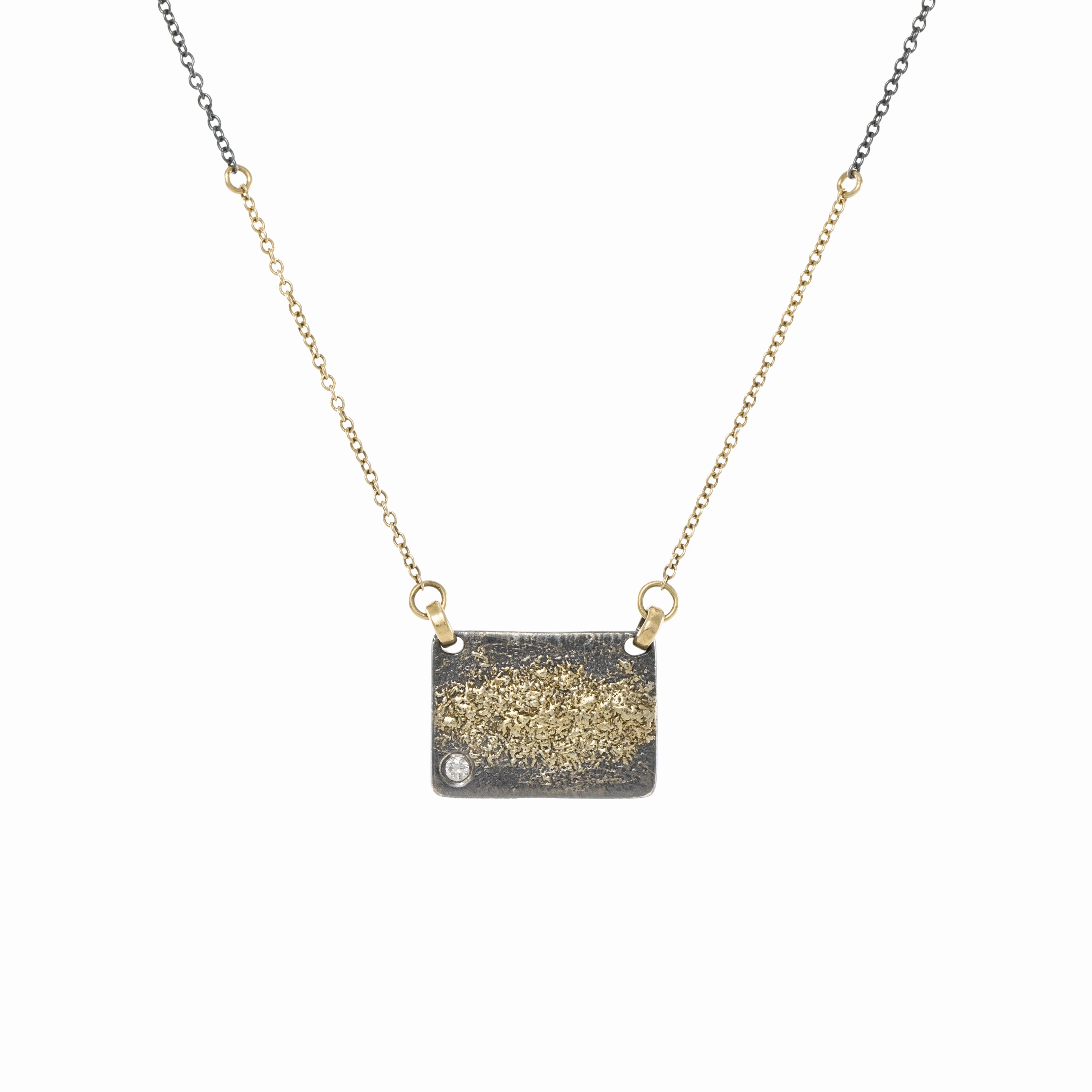 Luxury Present City Block Necklace with 2 mm diamond   Two-Tone Chain - 22k/14ky Gold, Oxidized Silver   Natural VS White Diamond