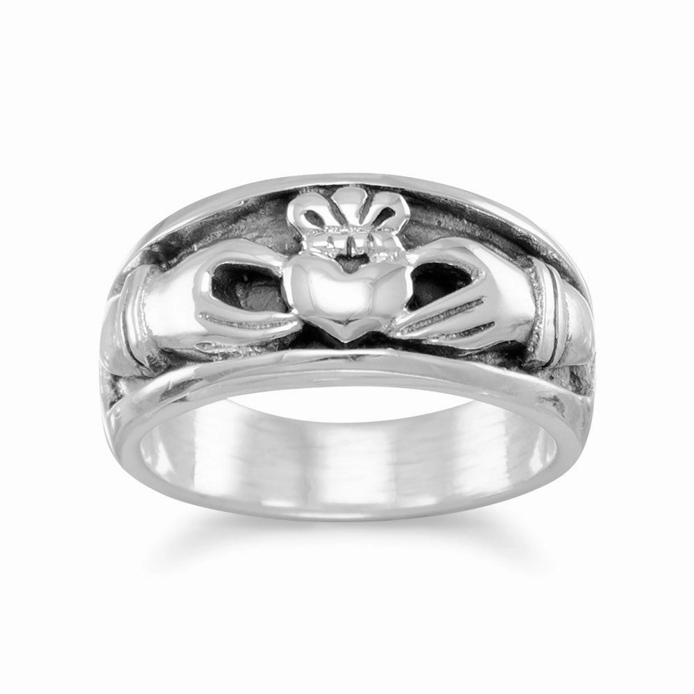 Sentimental Craft Claddagh Band Ring Mens Womens Inset Design Sizes 6-14 Antiqued Sterling Silver, 6