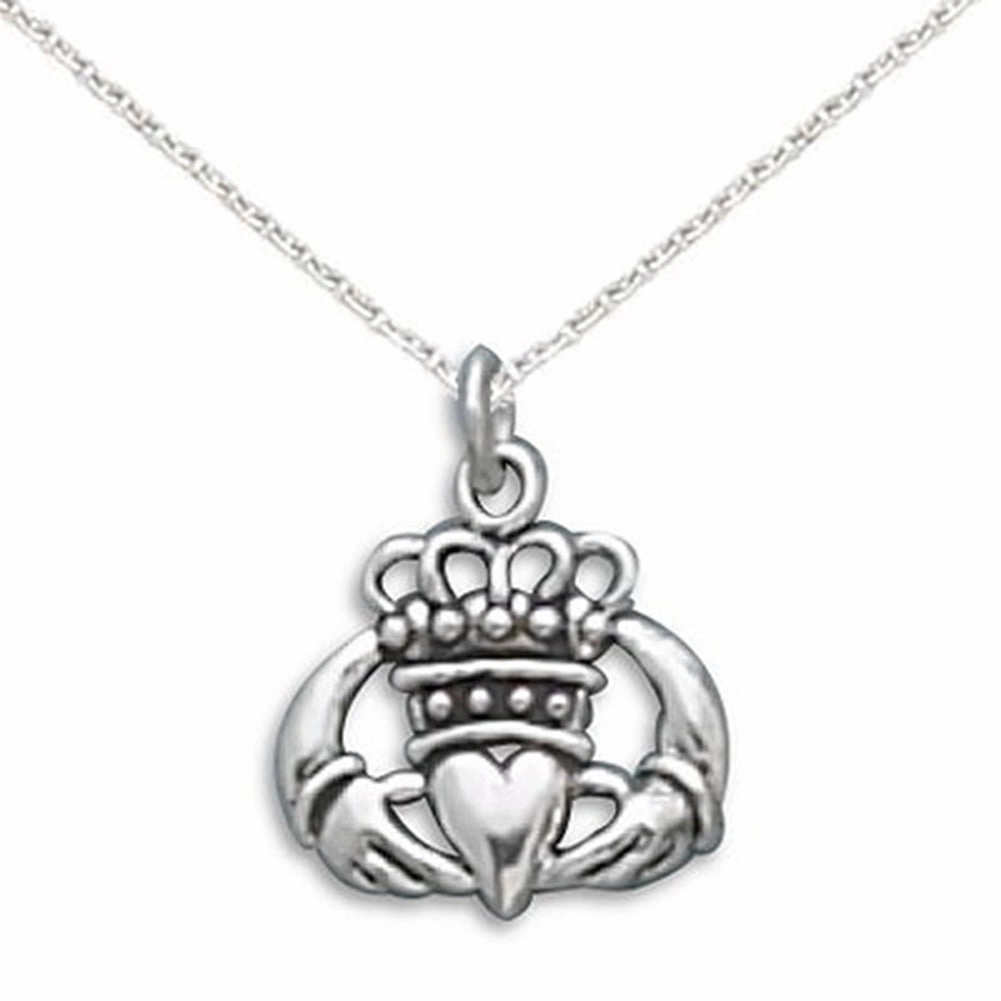 Distinctive Style Statement Accent Claddagh Oxidized Sterling Silver Charm Pendant with Chain