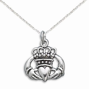 Distinctive Style Statement Accent Claddagh Oxidized Sterling Silver Charm Pendant with Chain