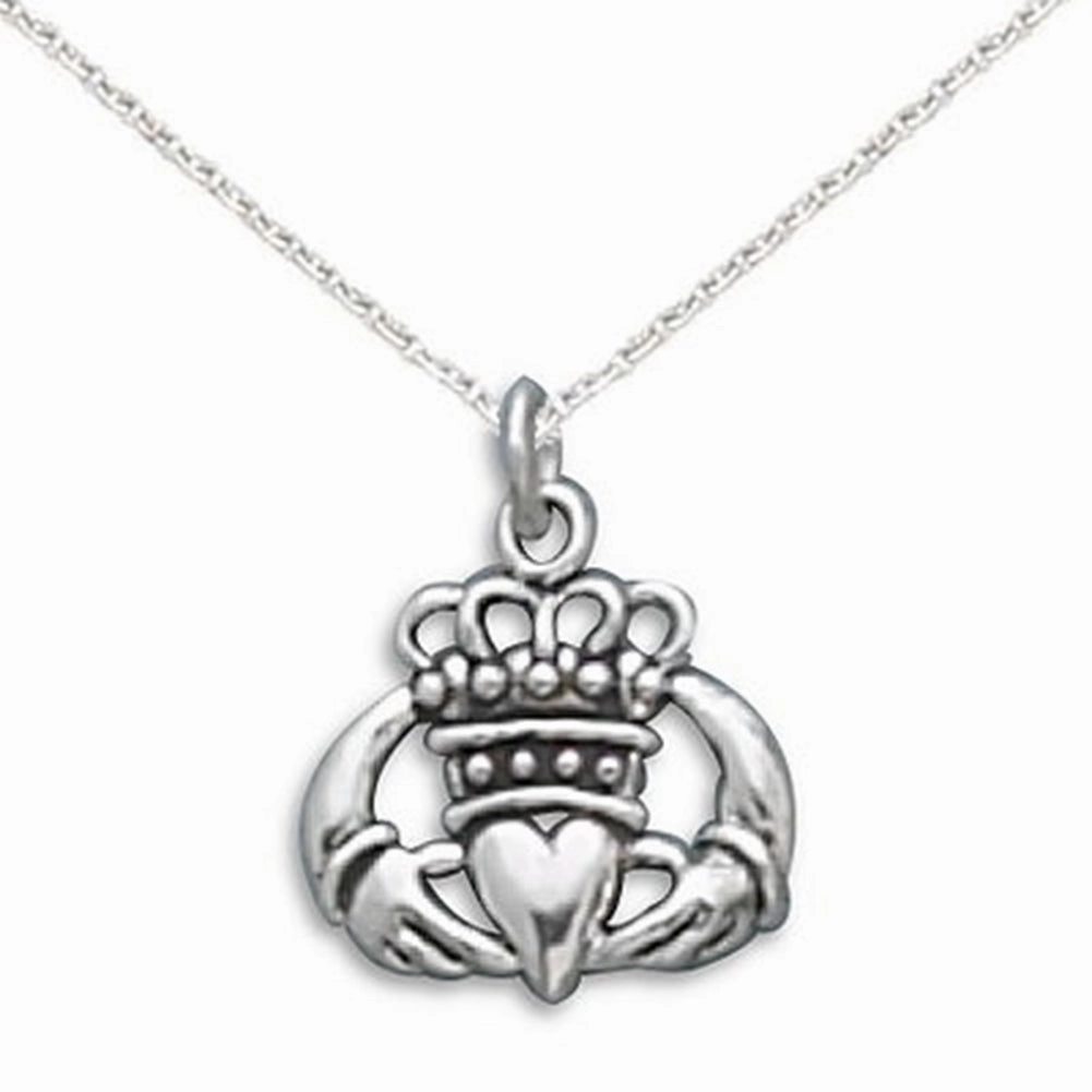 Claddagh Oxidized Sterling Silver Charm Pendant with Chain Polished Highlights Everyday Edge