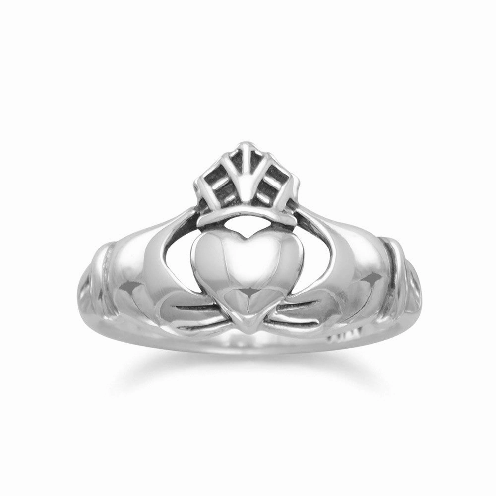 Elegant Token Claddagh Ring Antiqued Sterling Silver Mens Womens Smooth Band