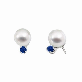 Classic Akoya Cultured Pearl Earrings with Sapphire Accent Office Ready
