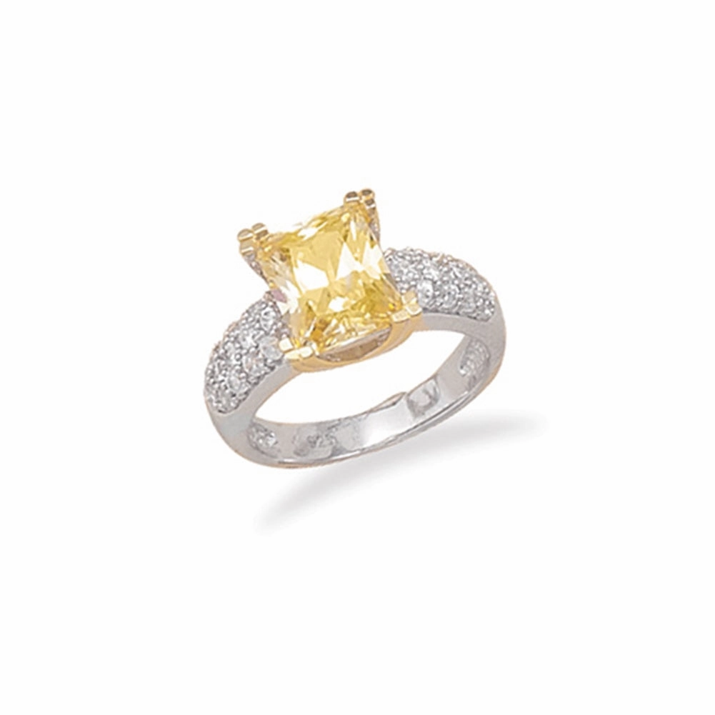 Yellow Solitaire Cubic Zirconia with Side CZ Accents Rhodium on Sterling Silver Customizable Appearance Popular Choice