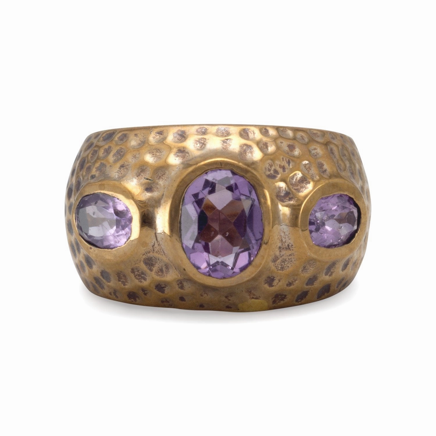 Three Stone Amethyst Ring Hammered Bronze Graduated Band Premium Care