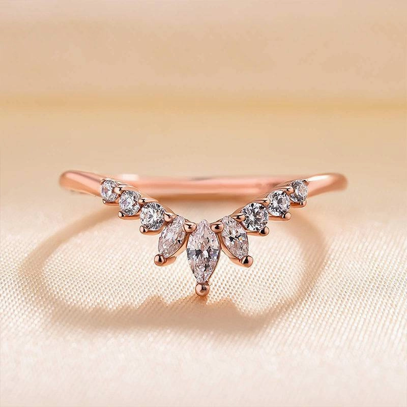 Custom Accessories Louily Elegant Rose Gold Chic V Shaped Stacking Wedding Band In Sterling Silver