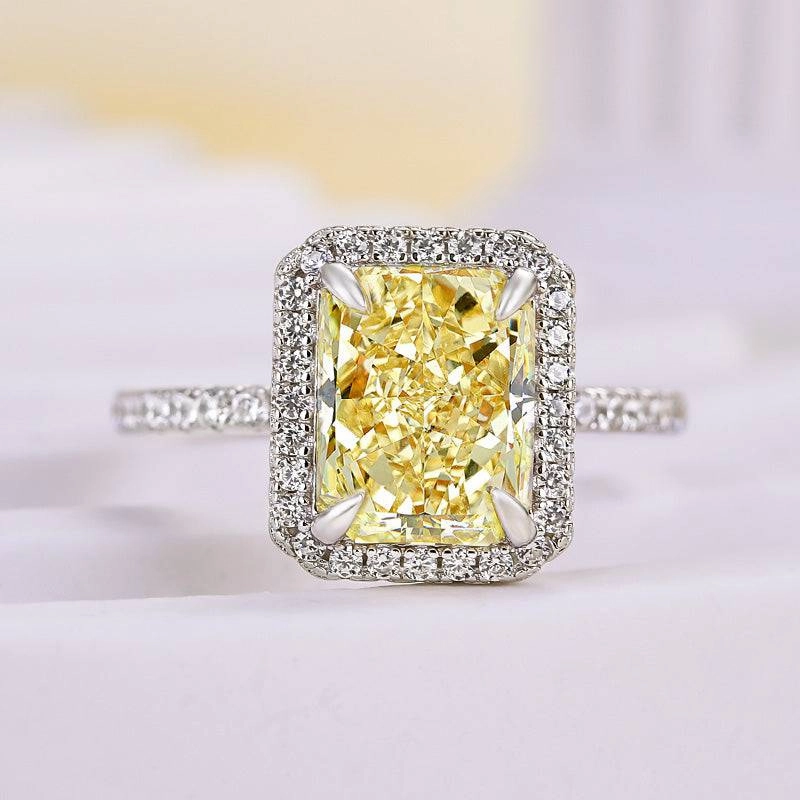 Louily Halo Radiant Cut Yellow Sapphire Simulated Diamond Engagement Ring Glowing Accent Delicate Features