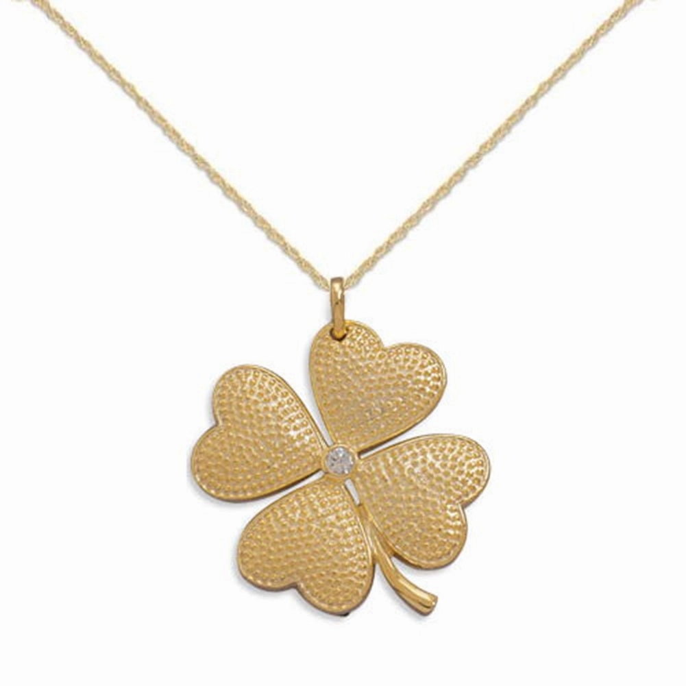 Expressive Touch Four Leaf Clover Shamrock Hearts Pendant CZ Gold-plated Silver, Chain Included
