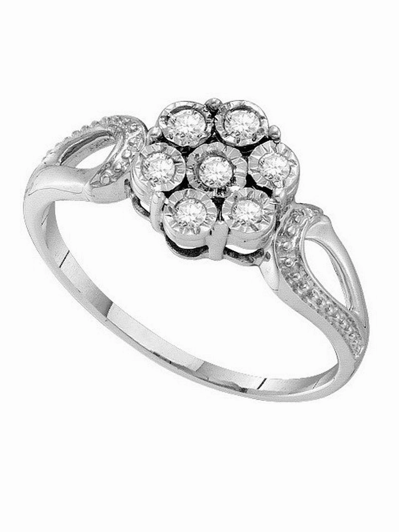 Genuine Diamond Ring with Flower Design Rhodium on Sterling Silver Artisan Art