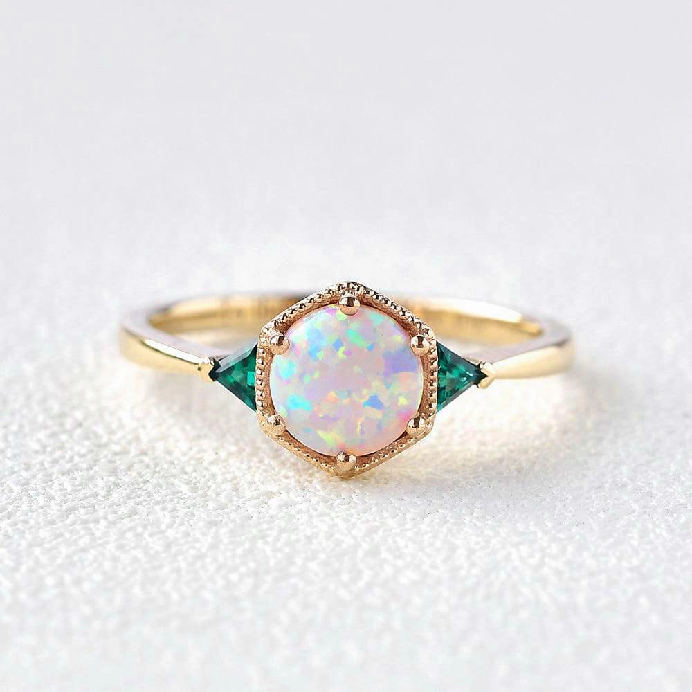 Lab Opal & Emerald Rose Gold Ring Fashion Touch