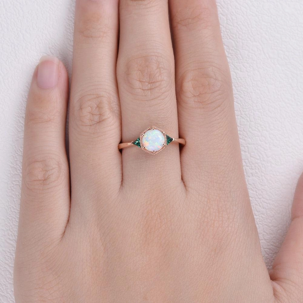Lab Opal & Emerald Rose Gold Ring Celebration Style