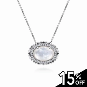 925 Sterling Silver White Sapphire and Rock Crystal and MOP Pendant Necklace Gentle Accent Sparkle Finish