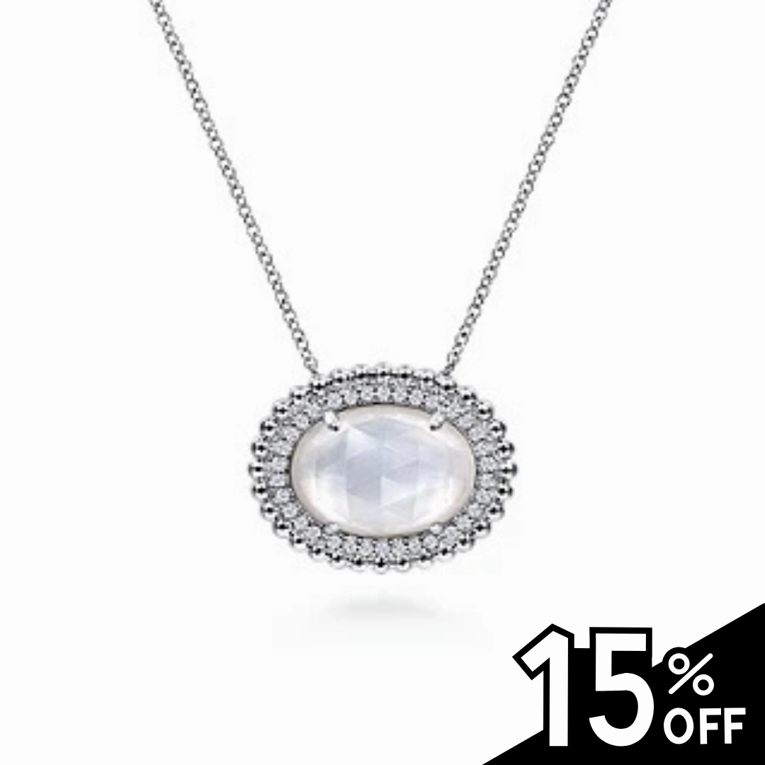 925 Sterling Silver White Sapphire and Rock Crystal and MOP Pendant Necklace Gentle Accent Sparkle Finish