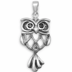 Antiqued Sterling Silver Cute Wise Owl Pendant with Black Cubic Zirconia Eyes Minimalist Flair