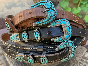 Dishta Zuni Turquoise Sterling Silver Ranger Belts  set of 3 Belts Statement Style Shimmering Effect