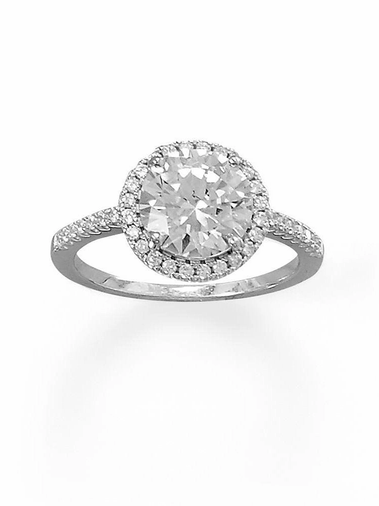 Round Shape Halo Ring Cubic Zirconia Band Rhodium on Sterling Silver Inspiring Gift Oval Design