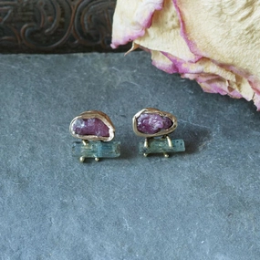 Everyday Accessory Cluster Studs - Brass, Silver, Aquamarine   Ruby