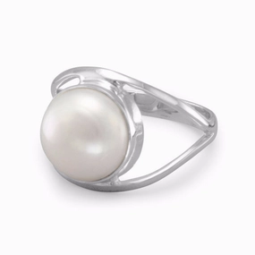 White Cultured Freshwater Pearl 10mm Open Split Band Ring Sterling Silver Secure Closure Economical Piece