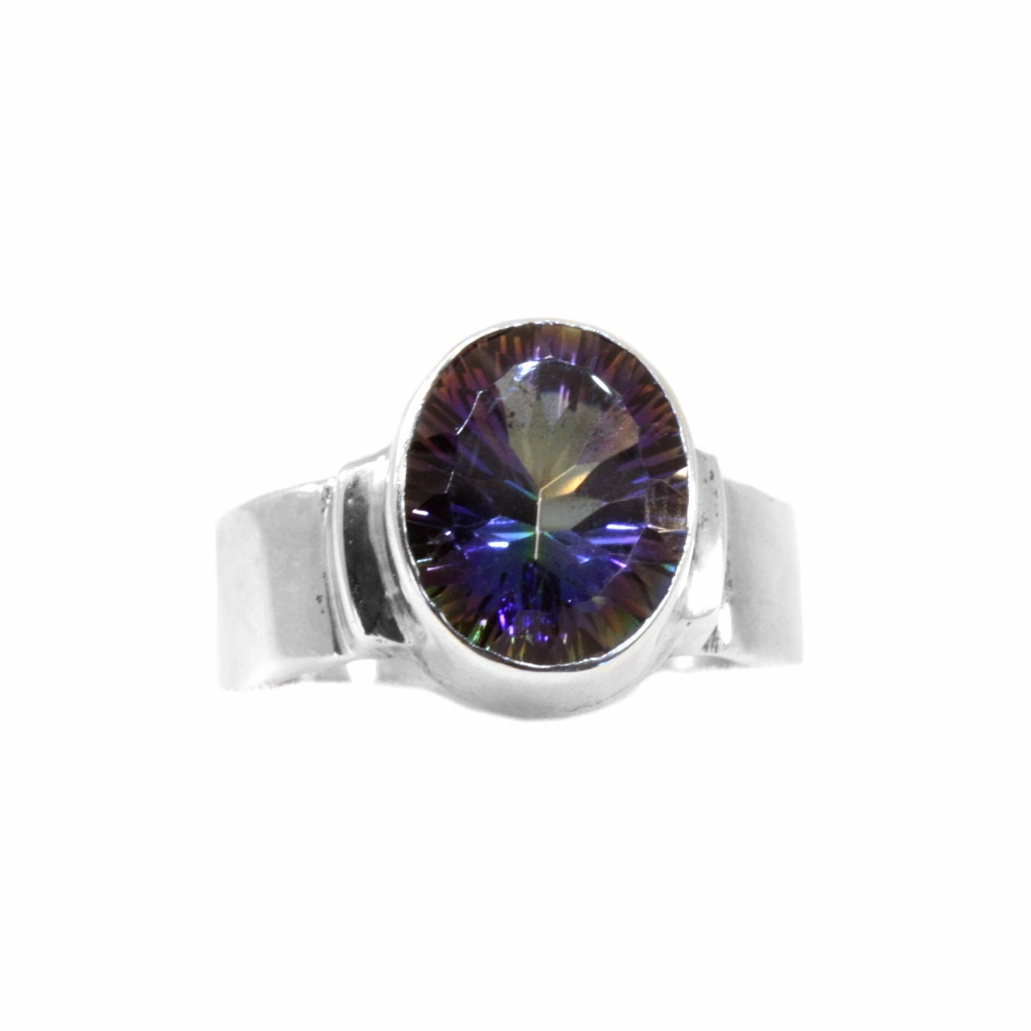 Low Profile Look Colorful Mystic Topaz Stone with Purple, Green, and Blue Handmade Sterling Silver