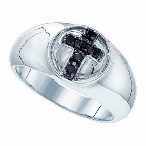 Mens Cross Ring Black Diamonds Rhodium on Sterling Silver Artistic Display