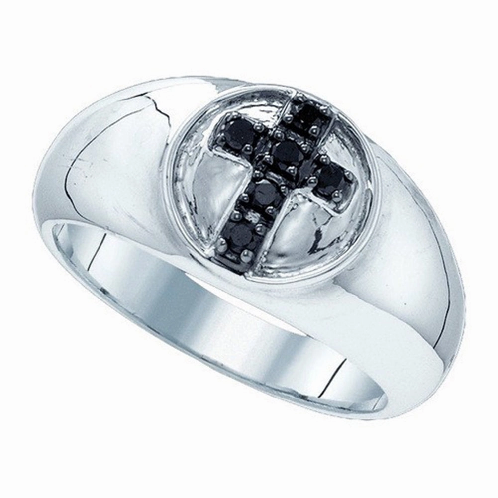 Mens Cross Ring Black Diamonds Rhodium on Sterling Silver Artistic Display