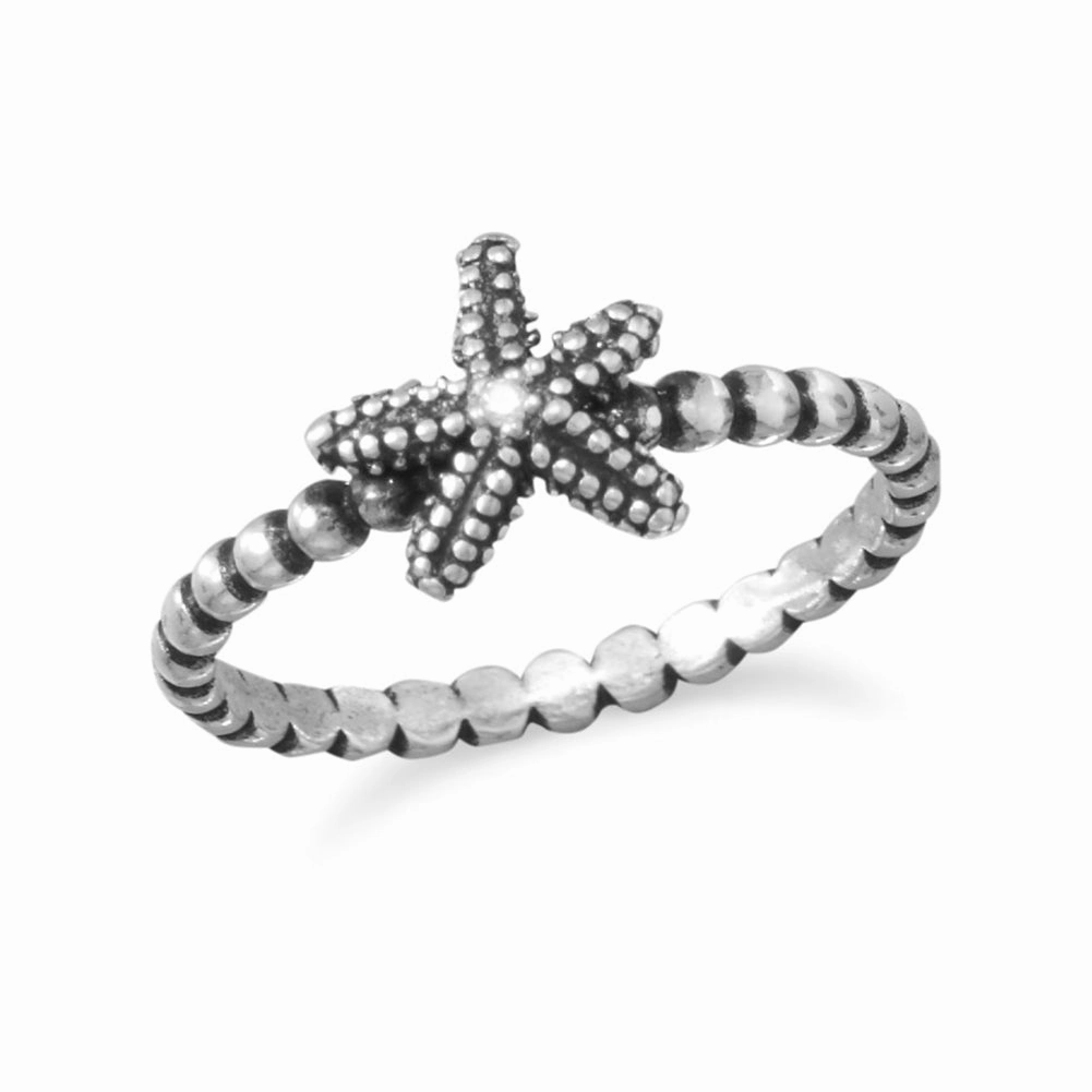 Custom Craft Meaningful Statement Starfish Ring Beaded Band Antique Finish with Cubic Zirconia Center