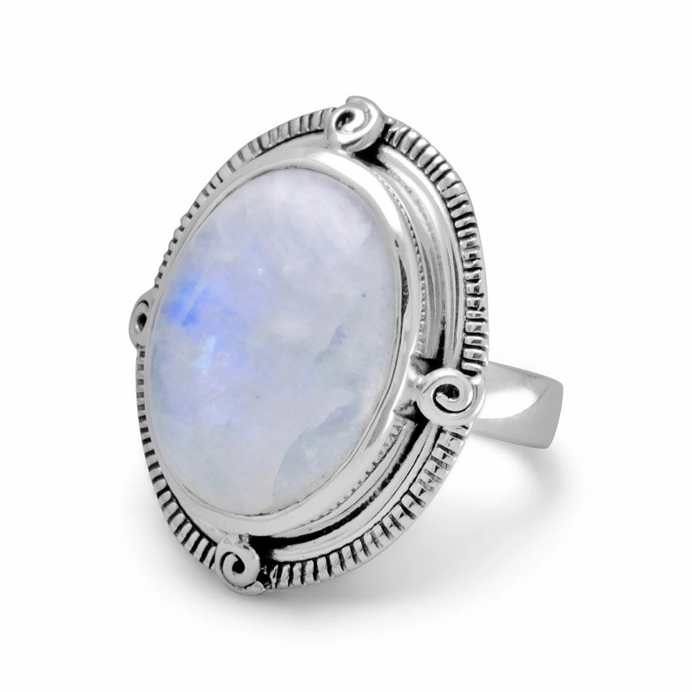 Oval Rainbow Moonstone Ring Spiral Coil Accents Antiqued Sterling Silver Romantic Symbol Everyday Charm