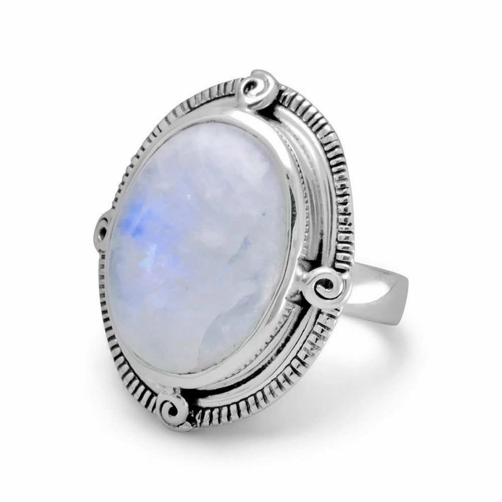 Oval Rainbow Moonstone Ring Spiral Coil Accents Antiqued Sterling Silver High-Quality Design Modern Application