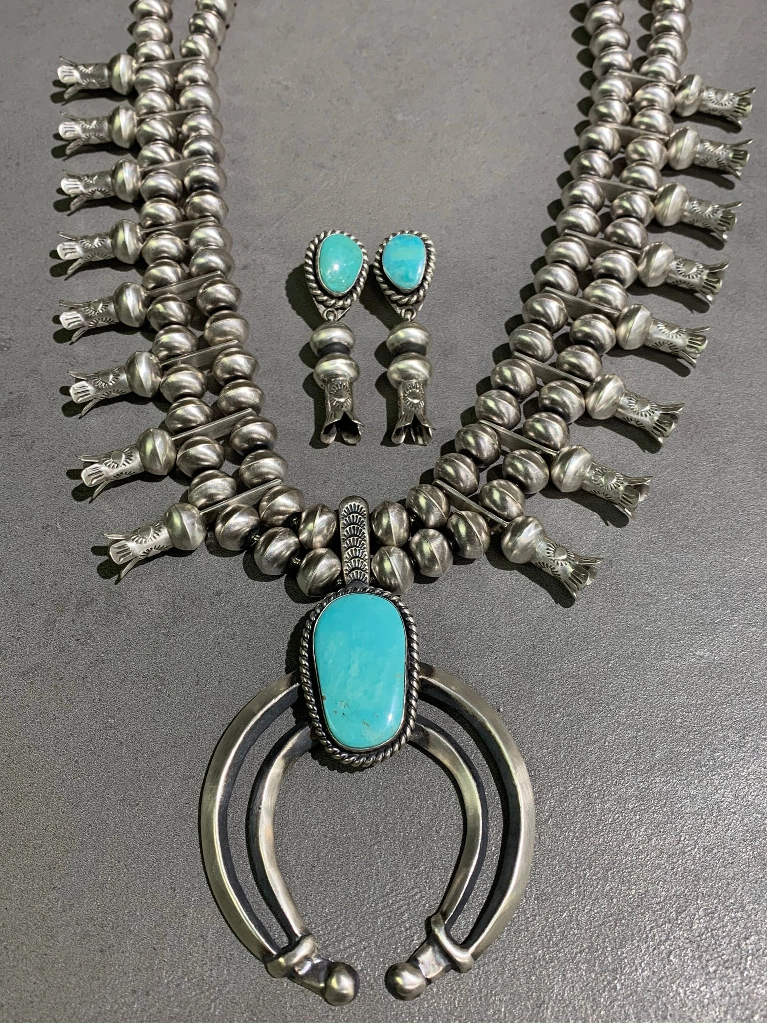 Glowing Accent CHRIS HALE NAVAJO TURQUOISE STERLING SILVER SQUASH AND EARRING SET