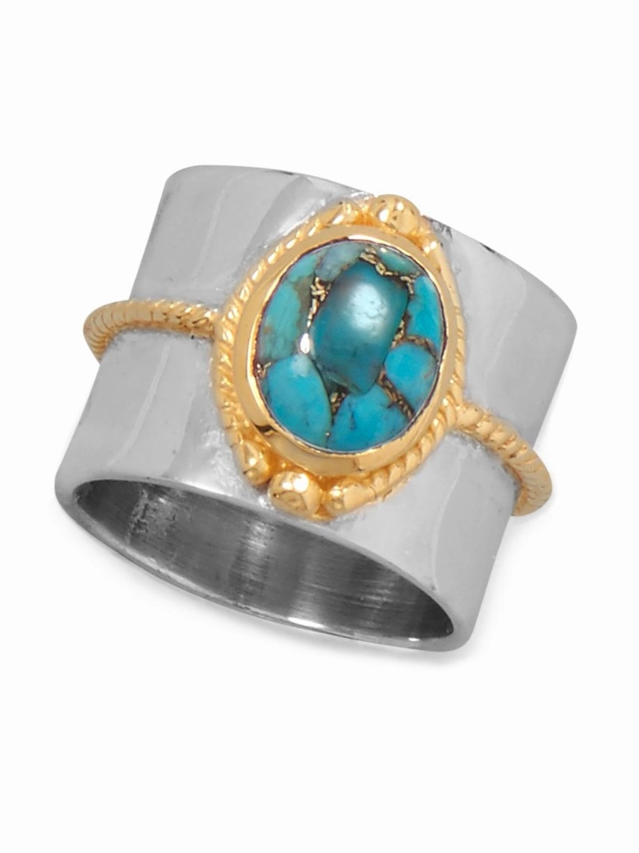 Prize Piece Painted Surface Copper Infused Wide Turquoise Ring Two Tone Gold-plated Rope Design