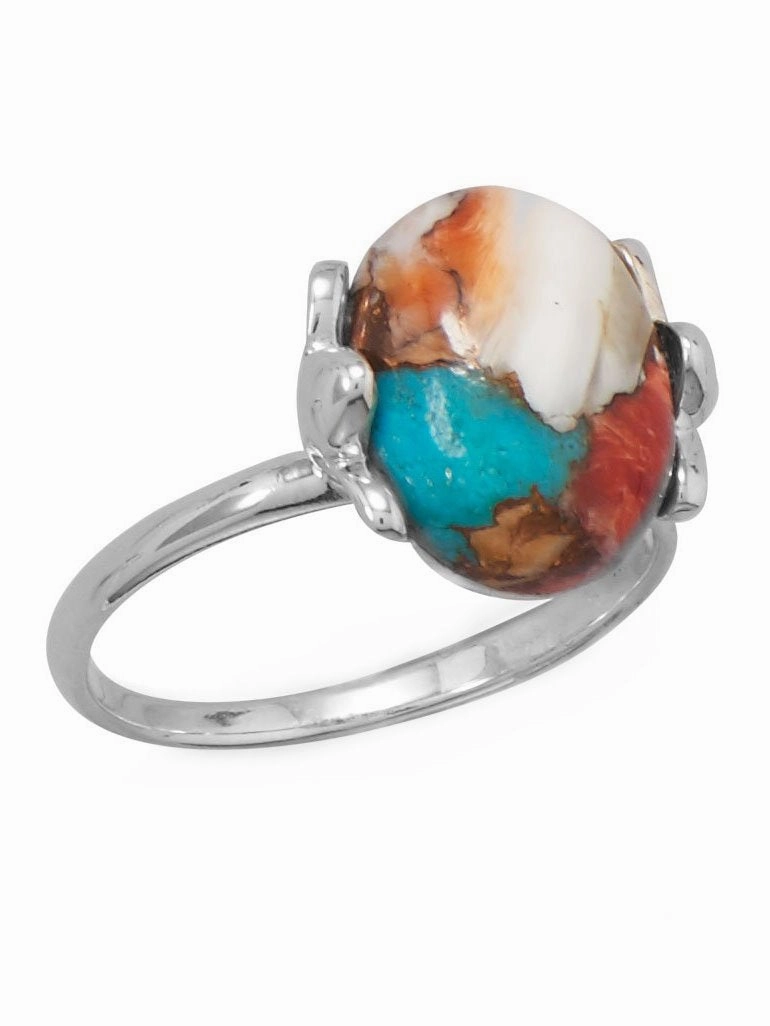 Traditional Use Balanced Simplicity Coral, Turquoise, and Spiny Oyster Compressed Stone Ring Sterling Silver