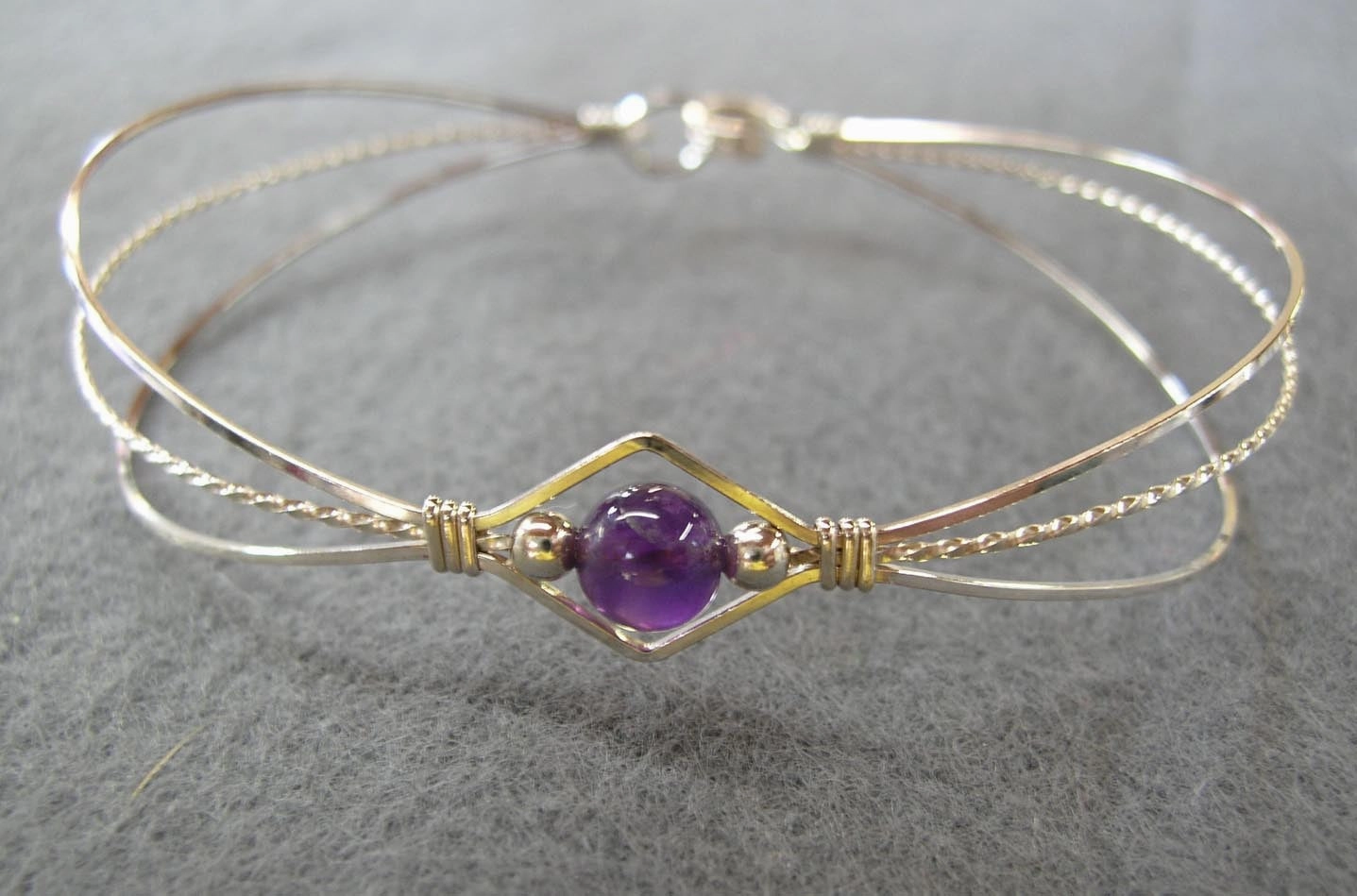 1-Bead Amethyst Bead Sterling Silver Wire Wrapped Bracelet Antique Brass