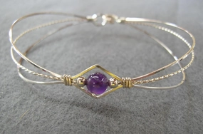 1-Bead Amethyst Bead Sterling Silver Wire Wrapped Bracelet Antique Brass