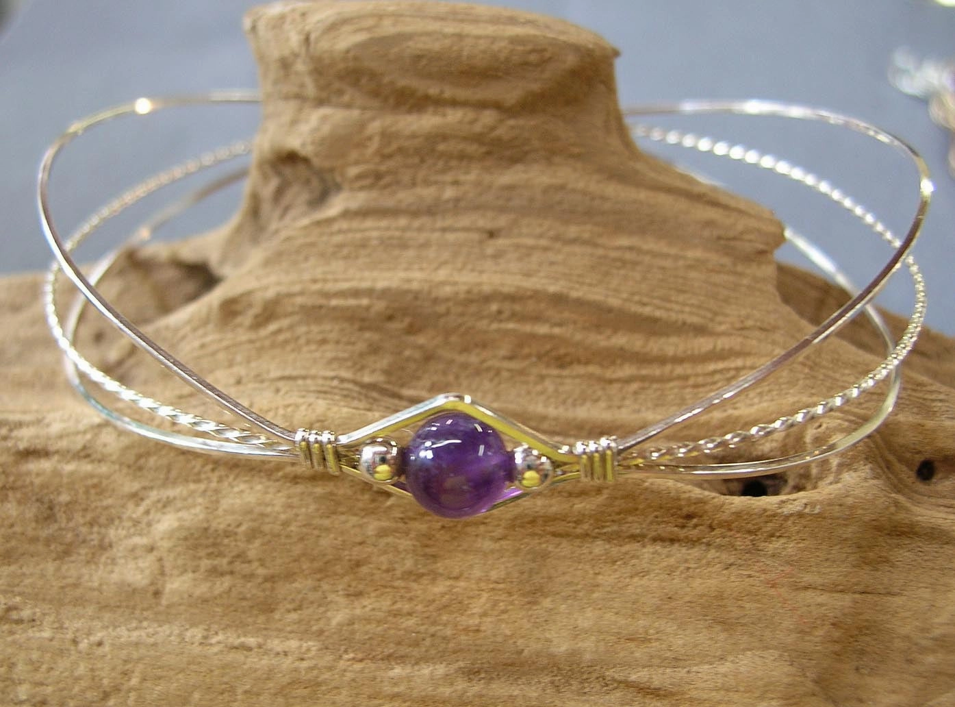 1-Bead Amethyst Bead Sterling Silver Wire Wrapped Bracelet Honored Blend Formal Attire