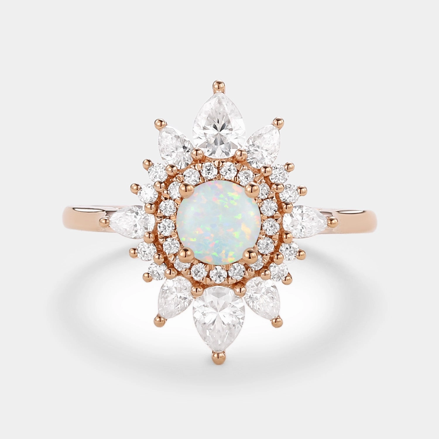 Luxury Layer Lab Opal & Moissanite Halo Rose Gold Ring