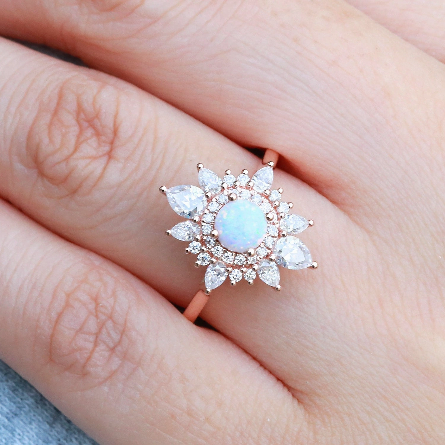 Lab Opal & Moissanite Halo Rose Gold Ring Lively Accent Graceful Lines