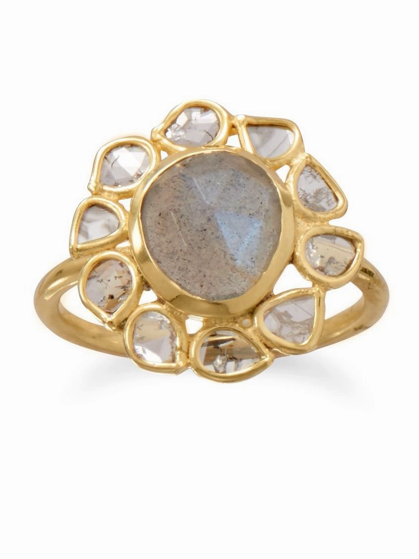 Labradorite and Polki Diamond Ring Gold-plated Sterling Silver Simple Bauble Popular Trend