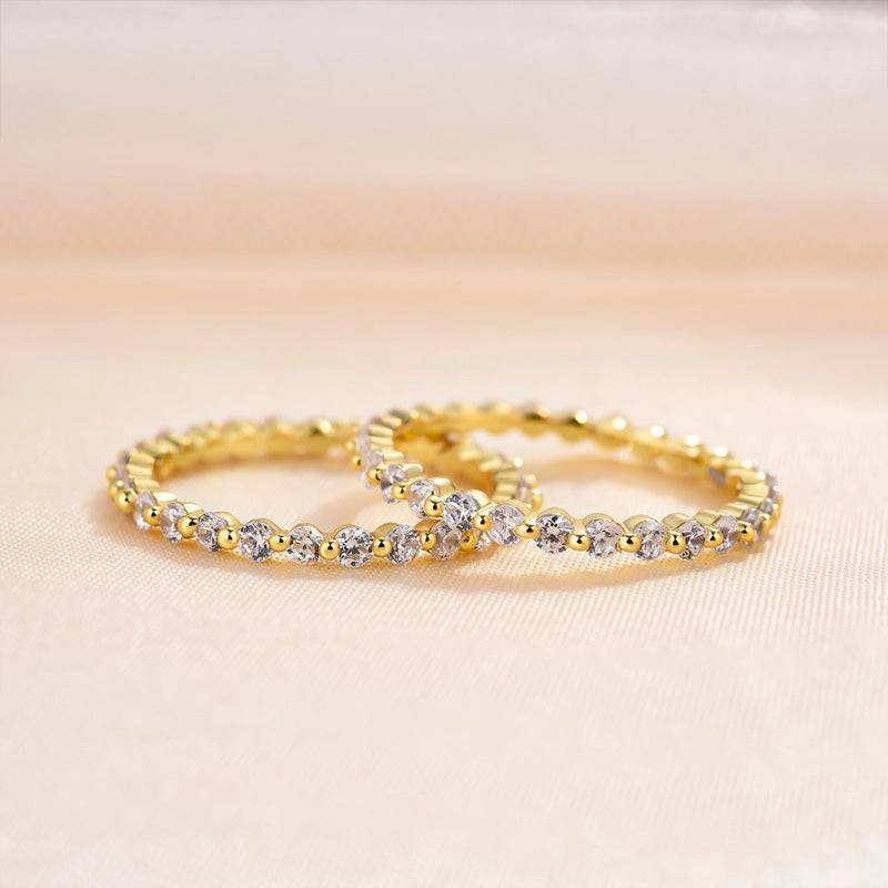 Louily Elegant Yellow Gold Round Cut Full Eternity Wedding Band Set In Sterling Silver Boho Style Glamourous Piece