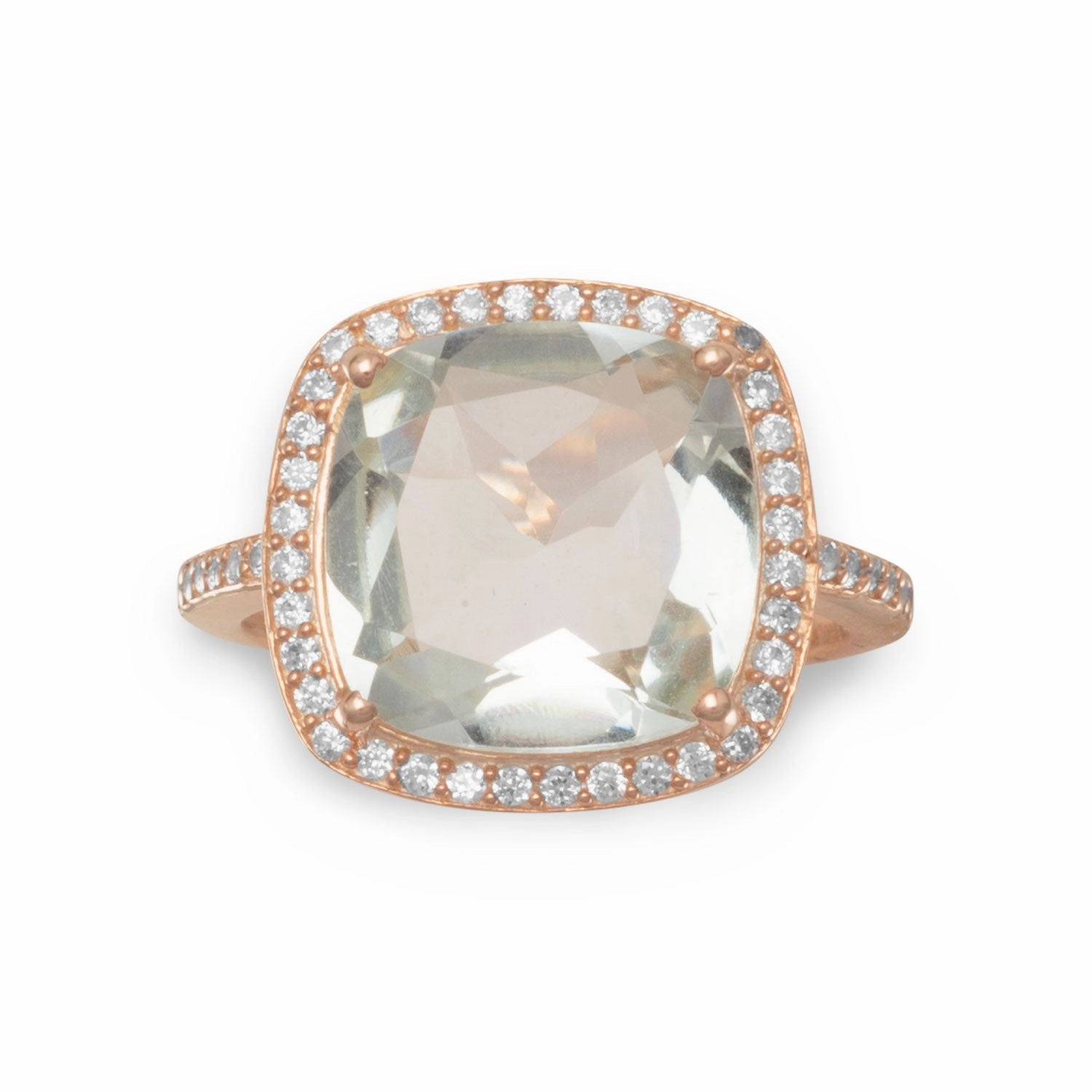 Light Green Prasiolite Ring with Cubic Zirconia Halo Rose Gold-plated Travel Style Ornate Decoration