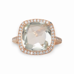 Mass market Fantastic Style Light Green Prasiolite Ring with Cubic Zirconia Halo Rose Gold-plated