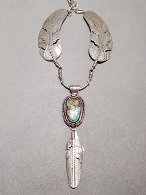 Artful Design Feather Turquoise Necklace - Hallmarked "Billy" - Handmade Native American