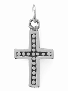 Festive Touch Refined Texture Cross Charm with Bead Design Oxidized Sterling Silver