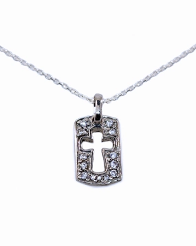 Unique Spark Cross Tag Necklace with Cubic Zirconia Sterling Silver 14-inch Chain