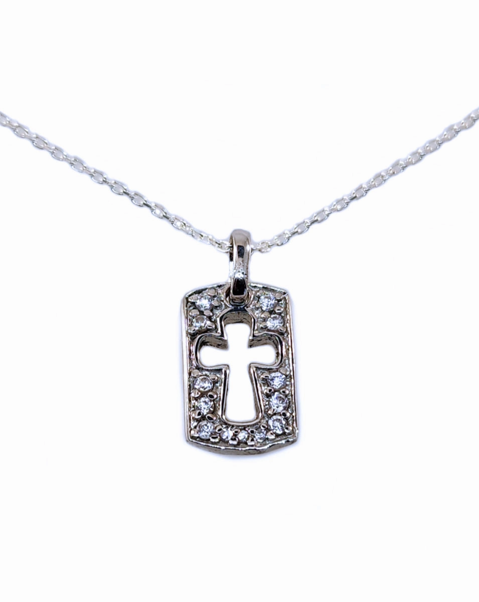 Unique Spark Cross Tag Necklace with Cubic Zirconia Sterling Silver 14-inch Chain