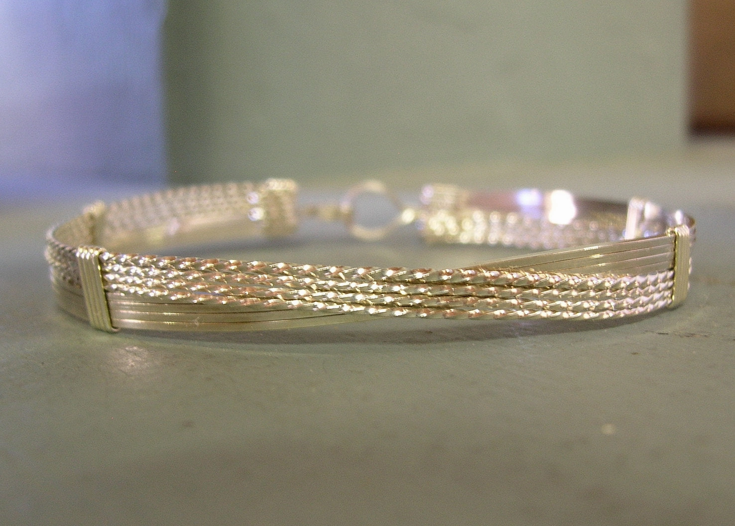 Structured Build Meaningful Combination Crossover Sterling Silver Wire Wrapped Bracelet  SSSSTTTT