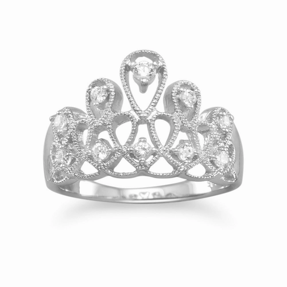 Modern Object Crown Tiara Ring Design Princess CZ Cubic Zirconia Rhodium Over Sterling Silver