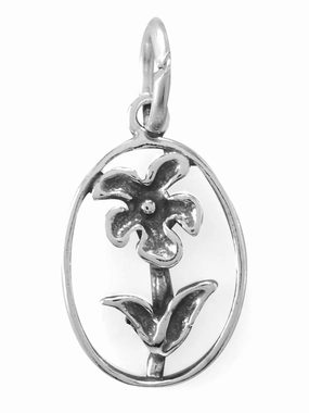 Modern Pair Flower in Oval Frame Charm Sterling Silver
