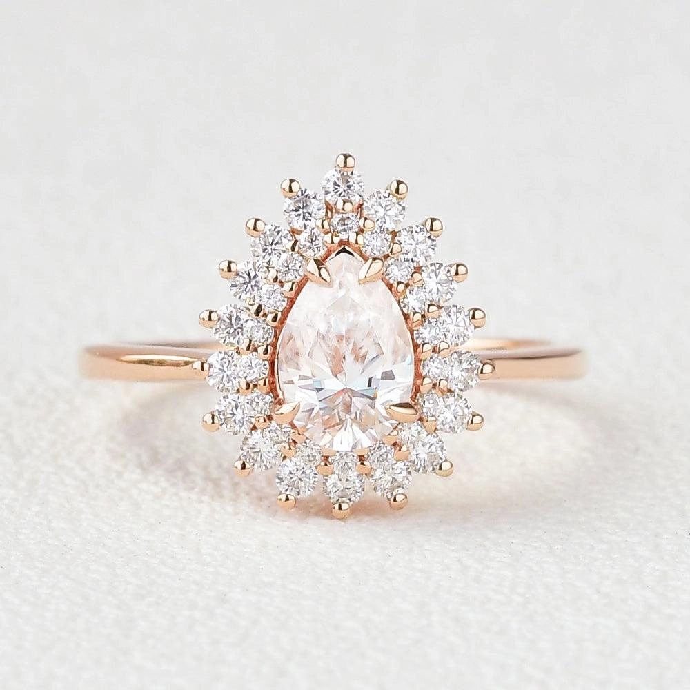 Stacking Moissanite Yellow Gold Halo Ring Dynamic Detail Vogue Design