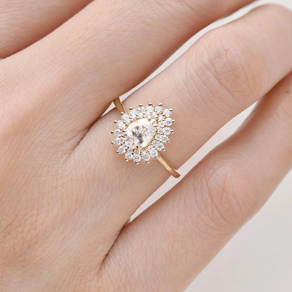 Stacking Moissanite Yellow Gold Halo Ring Effortless Accent Trendy Fashion